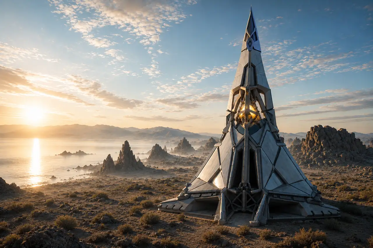 Interior concept art showing a meeting room overlooking the vast cathedral interior of the Nightstar