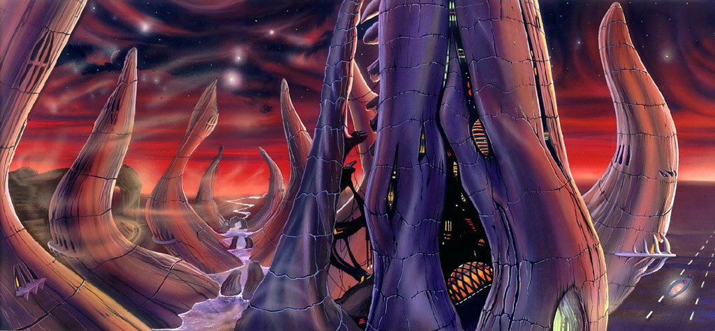Gouache concept painting of the Traxan Fortress Raah built within a colossal Space Nomad skeleton